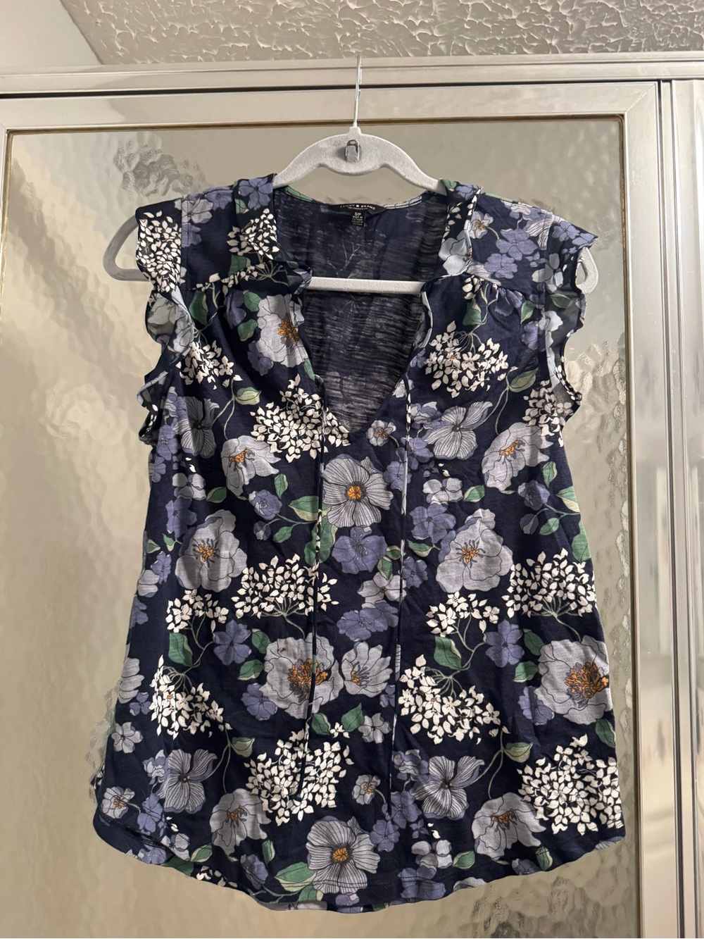 Lucky Brand Navy Floral V-Neck Ruffle Cap Sleeve Top